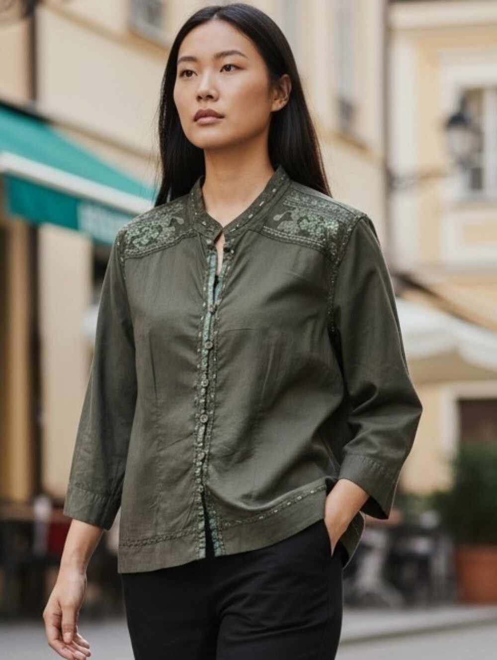 MOTTO Olive Green Cotton Button-Up Shirt